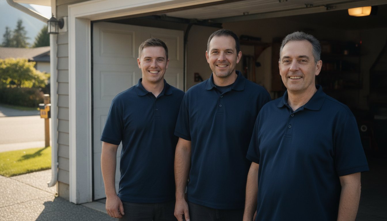 The North Shore Garage Doors family team in navy uniforms The North Shore Garage Doors family team in navy uniforms