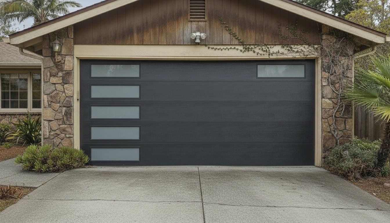 After — a brand-new modern charcoal garage door installed by North Shore Garage Doors