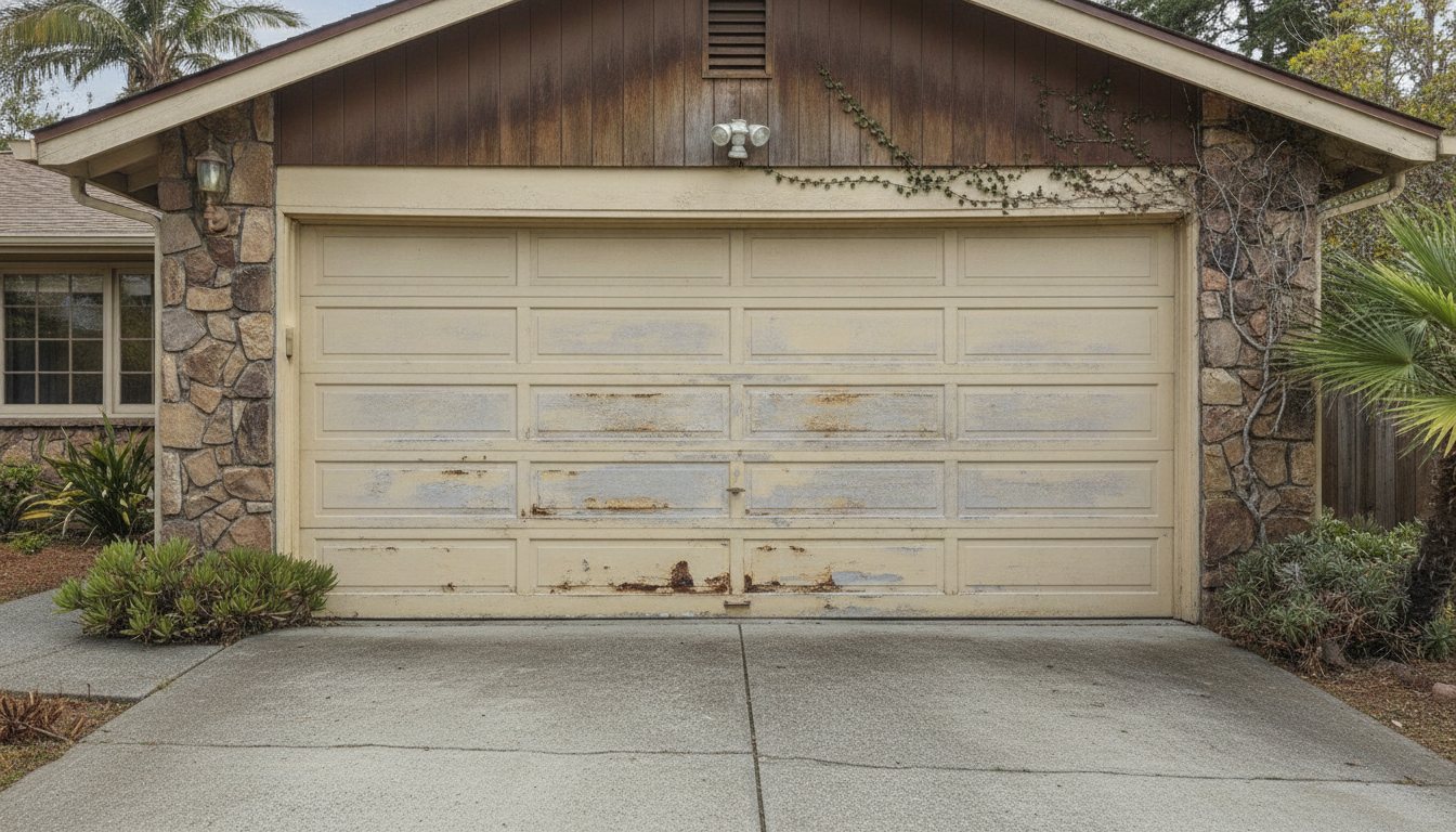 Before — a worn, faded, dated beige garage door