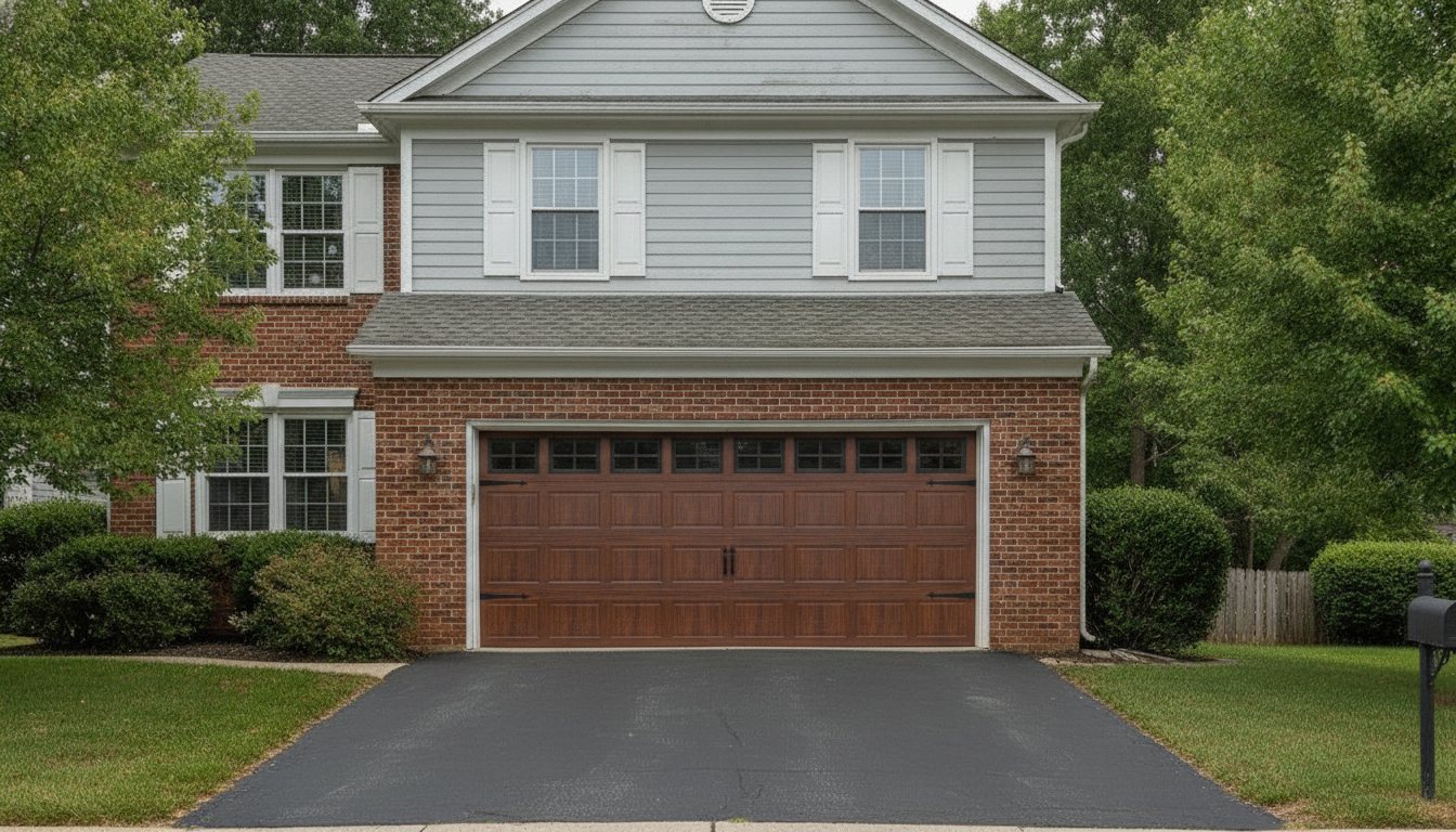 After — a new wood-grain carriage-house garage door with windows