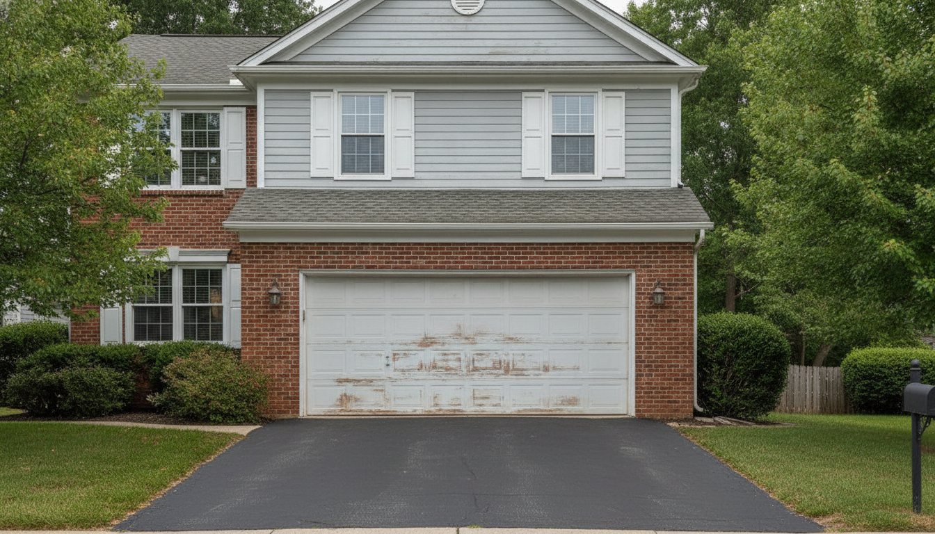 Before — an old, plain, faded white garage door