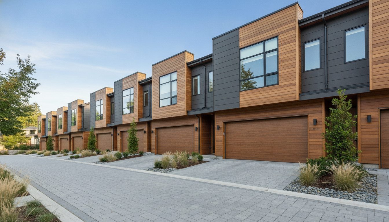North Shore townhomes with matching garage doors